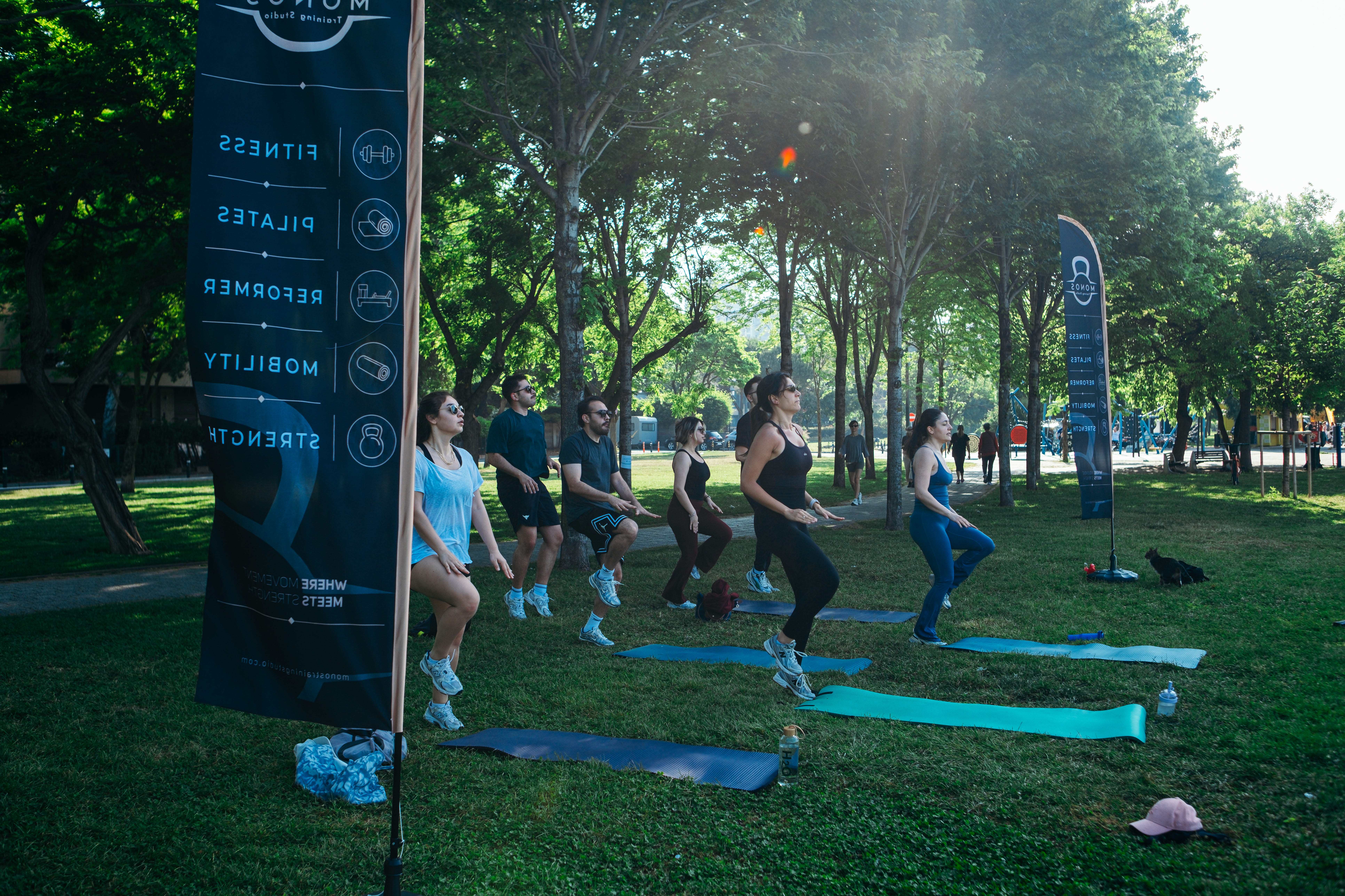 Monos topluluğu parkta squat antrenmanı